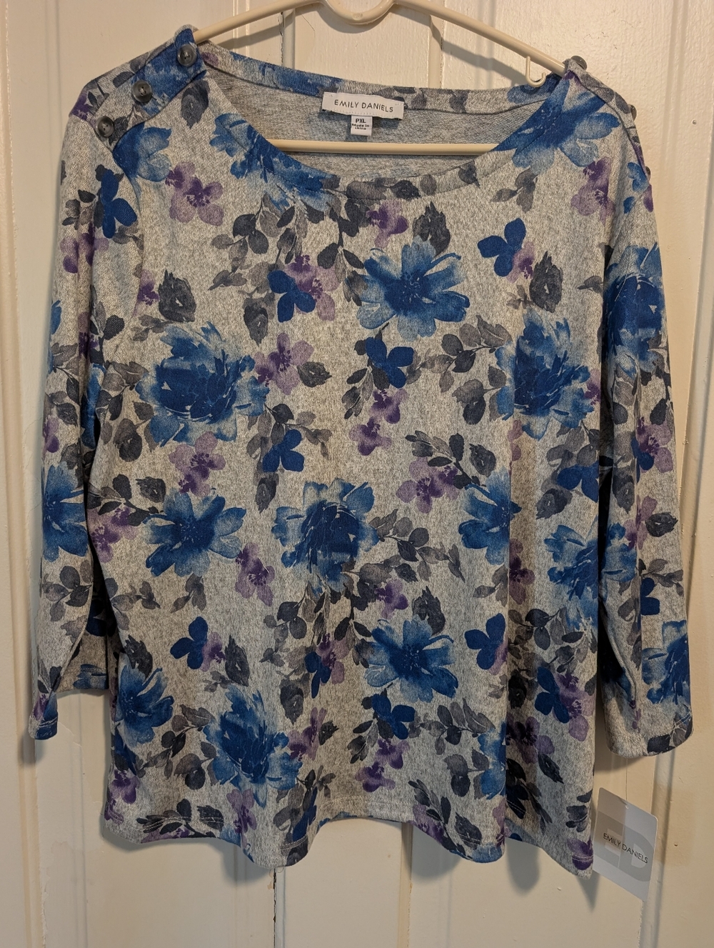 NWT Ladies Emily Daniels Blouse - Shirt- Top -- Gray with Purple and Blue PXL